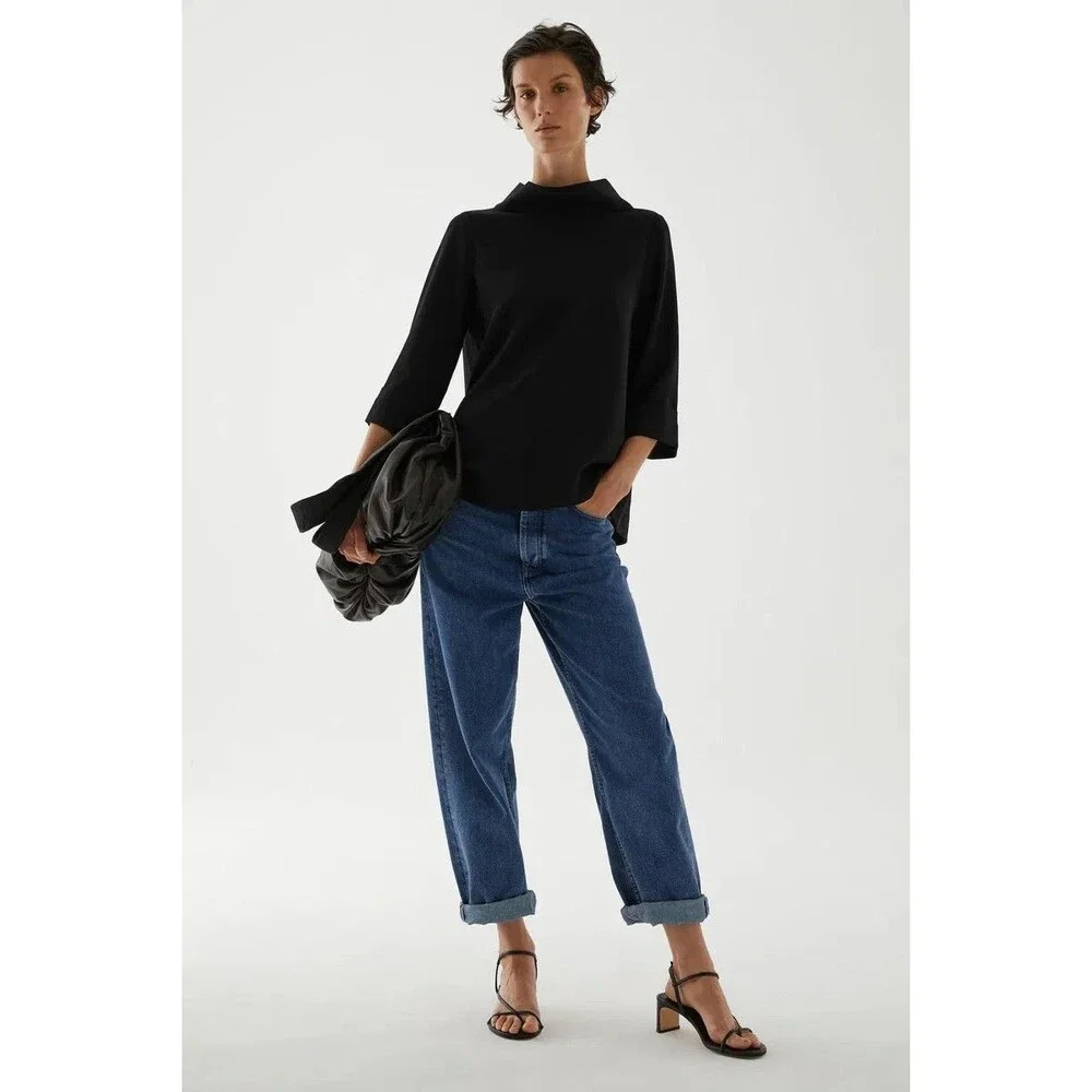 COS Funnel Neck Top S Black Minimalist Boxy Oversized 3/4 Sleeve Quiet Luxury